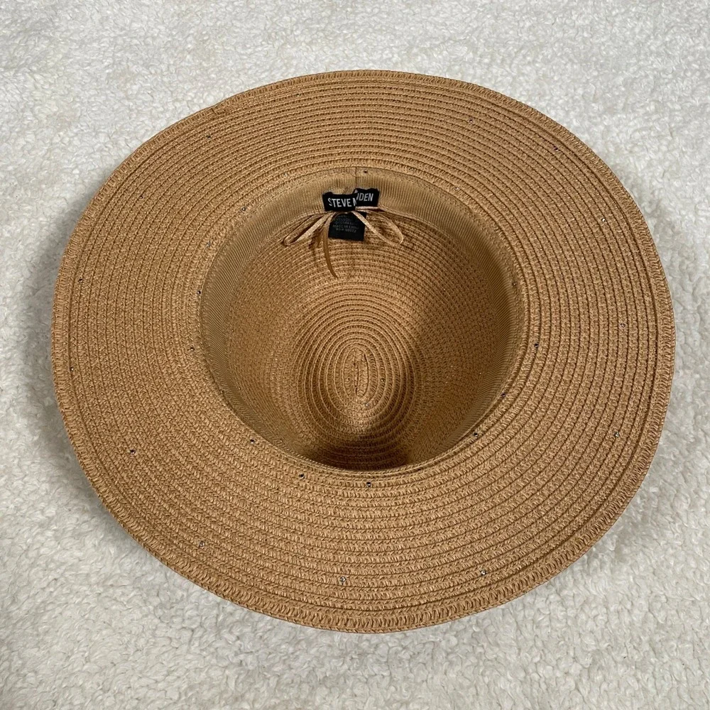 Steve Madden Straw Fedora Sun Hat Pearl & Stud Embellished Tan Beach Vacation